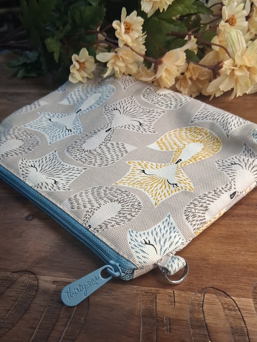 Thirty-one Fox Print Cosmetic Pouch in Blue, Yellow and Gray